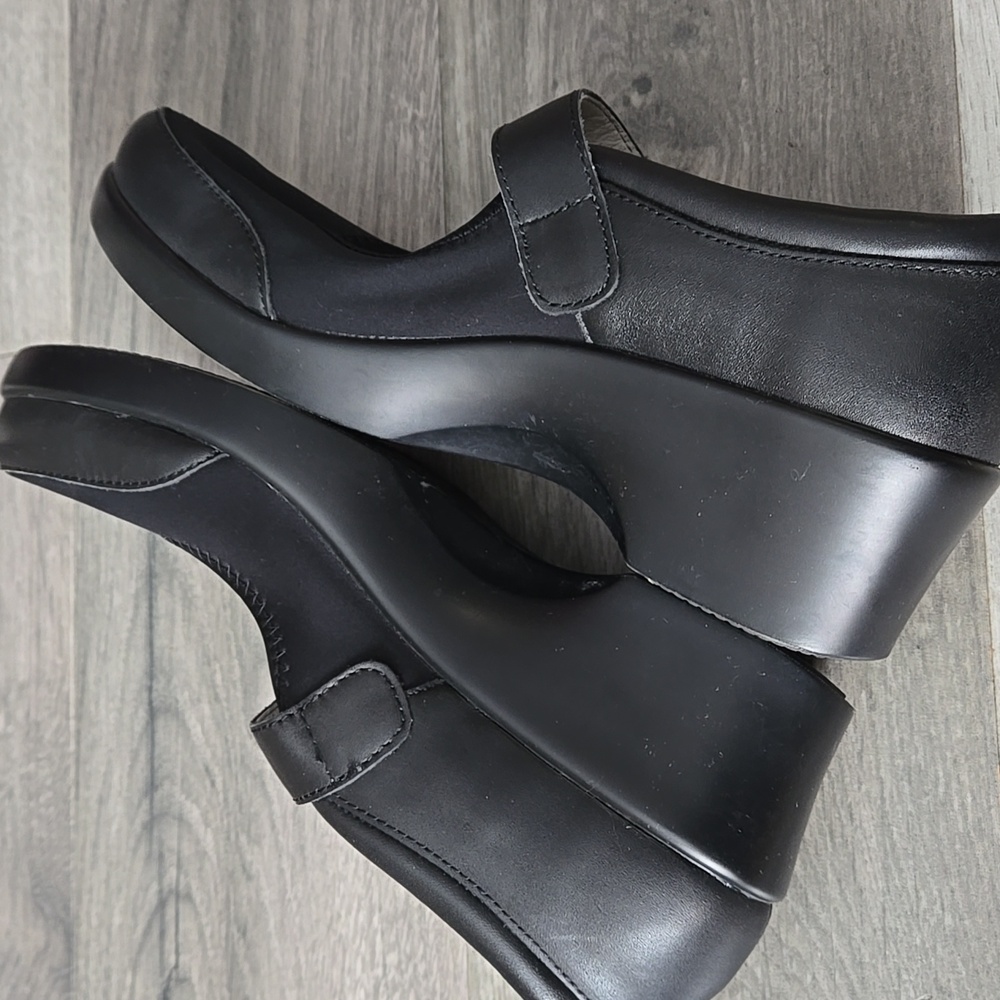 Alegria Black Leather Mary Jane Platform Wedge Comfort Shoes Adjustable Strap - Picture 8 of 12